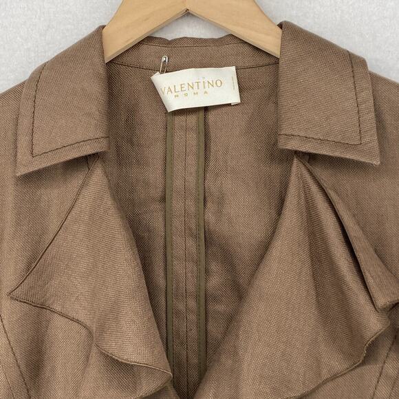 VALENTINO Blazer Womens 44 8 Linen Basketweave Ruffled One Button Brown Italy - Picture 5 of 14